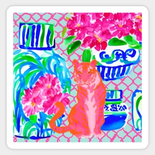 Tiger and chinoiserie jars watercolor and markers Sticker